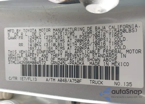 2006 Toyota Tacoma Base V6 из США, поврежденный, VIN 3TMLU42N96M004572